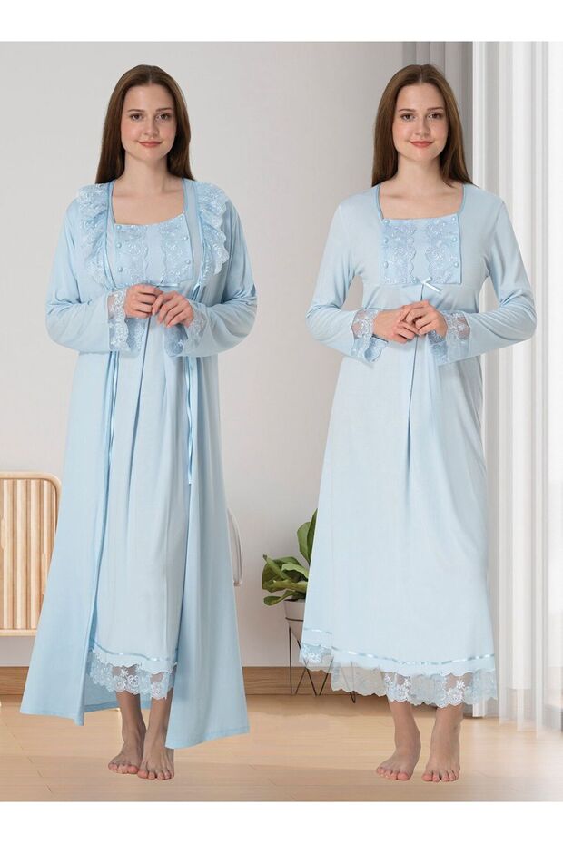 Dvina Maternity Lace Detailed Dressing Gown and Long Sleeve Nightgown - Set of 2 - Blue