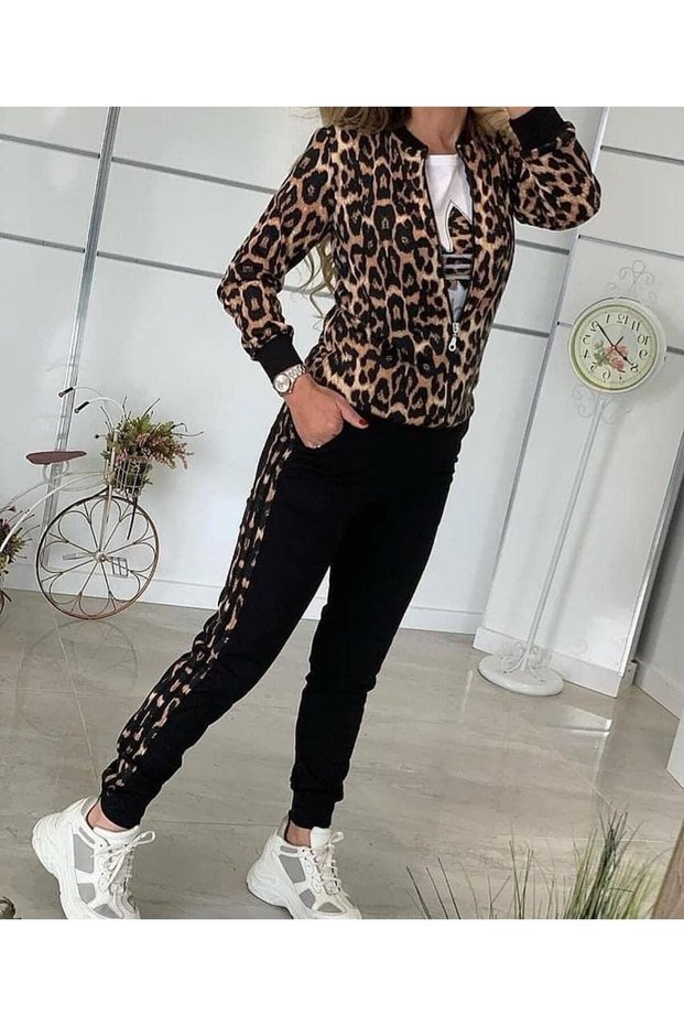 Women's Long Sleeve Front Zipper Leopard Print Detailed Viscose Two Thread Fabric Two-Piece Set