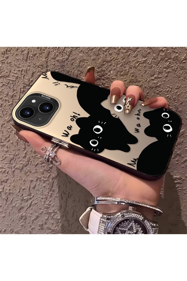iPhone 14 Plus/15 Plus Compatible High-Quality Fun Black Cat Print Case, Cute Stylish Impact-Resistant