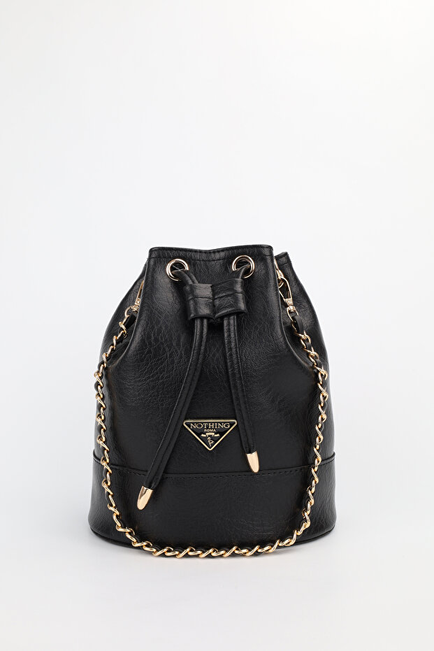 Women's Black Chain Detailed Drawstring Shoulder Crossbody Bag Momo