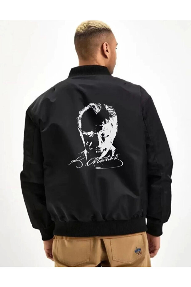 Unisex Long Sleeve Printed Bomber Jacket - Black