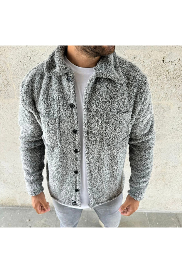 Men's Plush Fleece Cardigan Shirt – Collared, Button-Down, Chest Pocket, Soft Textured Winter Regular Fit