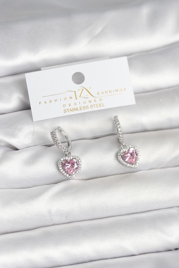 Brass Silver Pink Color Zircon Stone Heart Model Women's Earrings