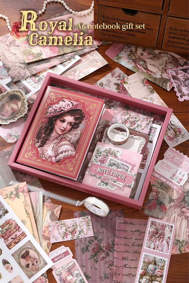 Scrapbook and Junk Journal Set 140 Pieces Victorian Era Vintage Pink - A6 Notebook with Gift Box, St