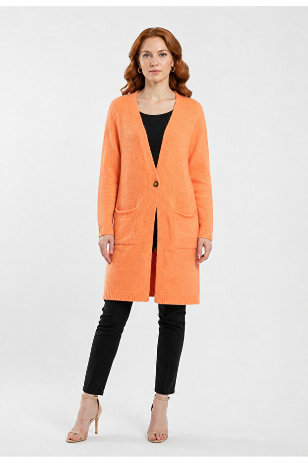 Women's Comfortable Cut Orange Knitwear Cardigan
