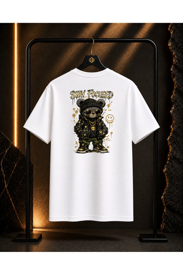 Unisex Stay Focused Bear Back and Front Printed 100% Cotton Oversize Crew Neck Short Sleeve T-Shirt White