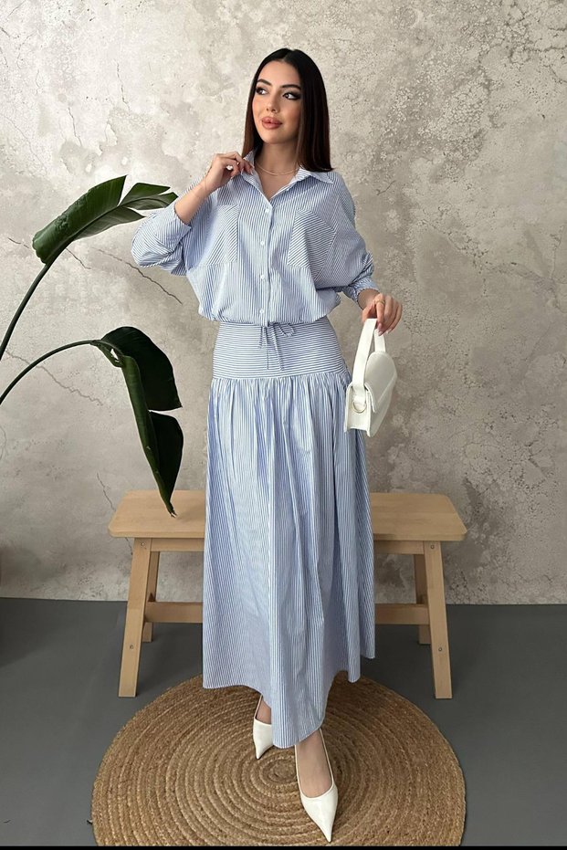 Women's Blue Shirt-Skirt Set Striped Shirt Skirt Set Shirt Collar Buttoned Bodice Gathered Long