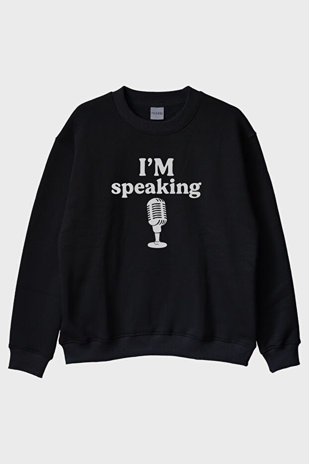 سويت شيرت I'm Speaking Design مطبوع أسود برقبة دائرية
