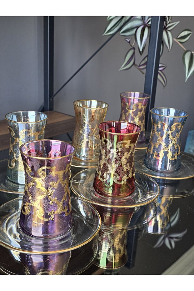 Handmade Crystal Erva Mixed Lustered 24K Gold Engraved 12-Piece Presentation Tea Set
