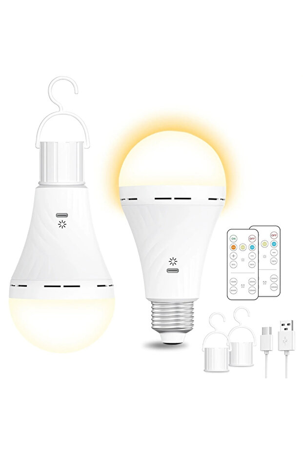 Two LED bulbs, USB rechargeable, with remote control and timer, E26 bulb base, with hook, suitable for table lamps, pendant lamps, and night lights.