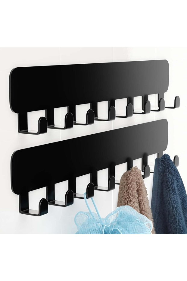 2-pack of 8 self-adhesive black stainless steel key hooks for drill-free wall decoration in living rooms and kitchens
