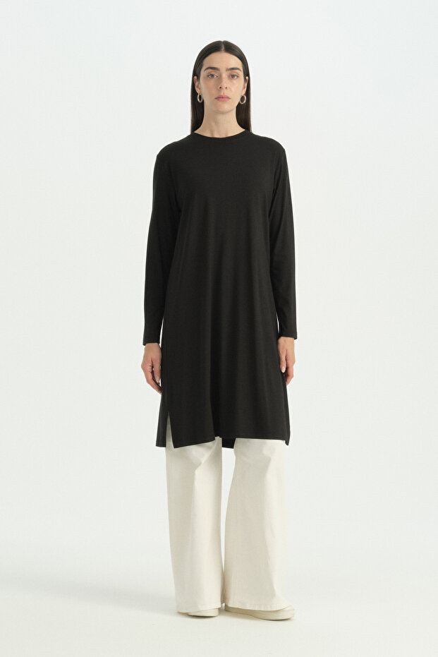 Plus Size Basic Combed Cotton Tunic - Black
