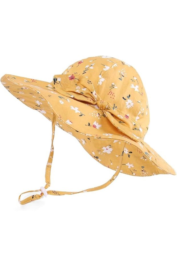 Baby Girl UPF 50+ UV Sun Hat - Toddler Summer Cotton Beach Hat with Adjustable Chin Strap (Yellow Floral, 52cm)