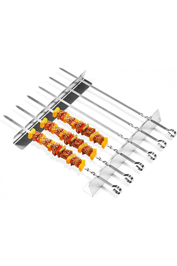 BBQ skewer set, 6 stainless steel skewers, with 2 grill racks