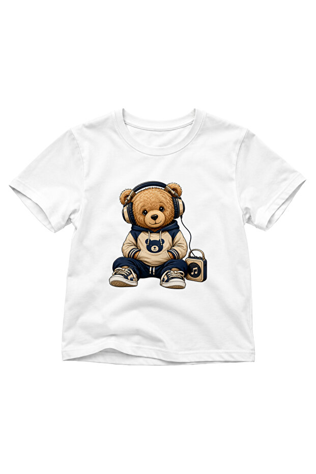 Children's Headphone-Wearing Teddy Bear Printed Music-Themed Crew Neck Short Sleeve T-Shirt