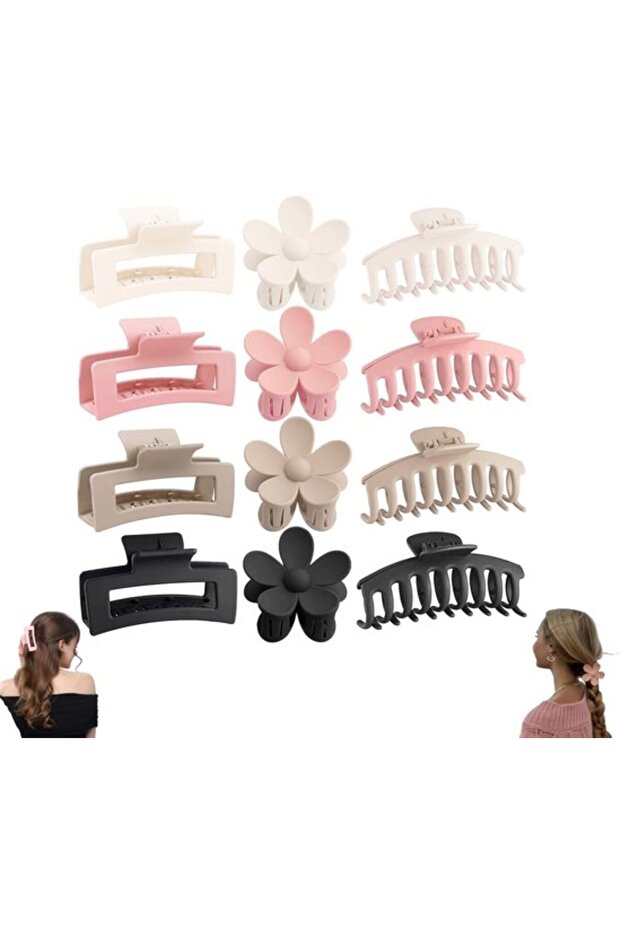 12-Piece Morandi Soft Matte Hair Clips Set, Large Anti-Slip Flower, Curved & Rectangular Claws for Coarse/Fine Hair