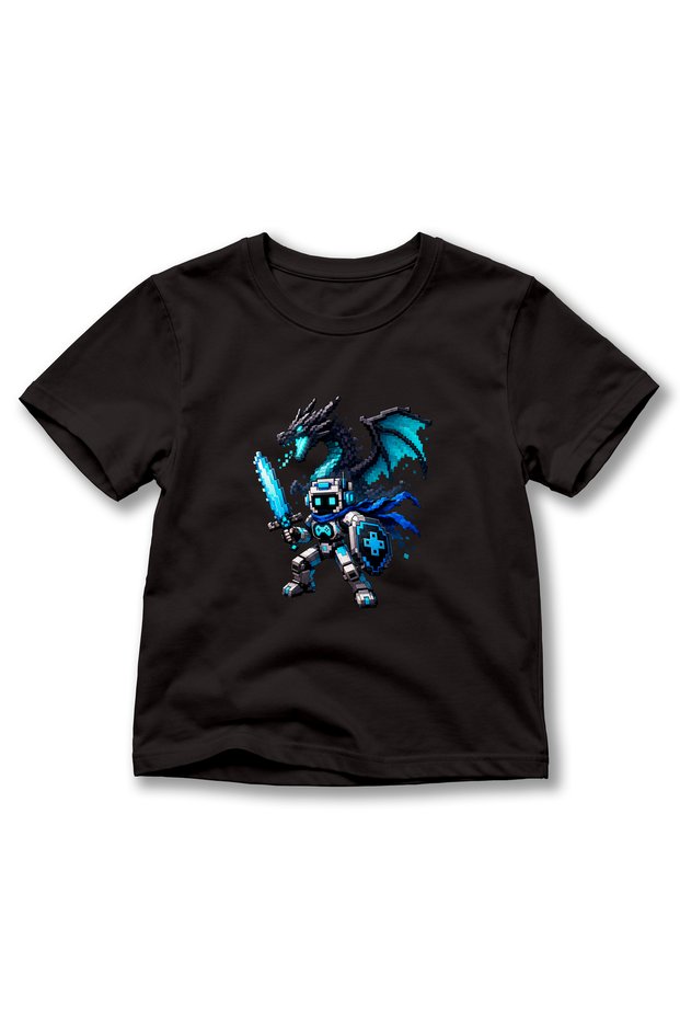 Kids' Robot Knight and Dragon Printed Pixel Art Game Themed Crew Neck Short Sleeve T-Shirt