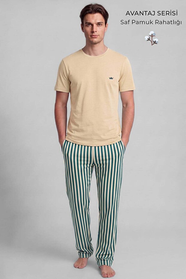 Cotton Short Sleeve Pajama Set Butter Yellow-Green Striped