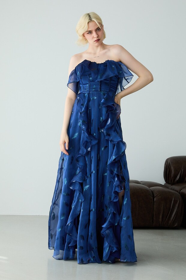 Navy Blue Strapless Flounce Patterned Slit Chiffon Evening Dress