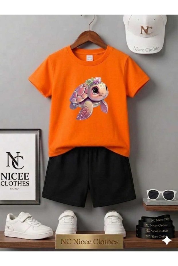 Summer Children's T-Shirt Shorts Unisex (Cute Turtle Printed)
