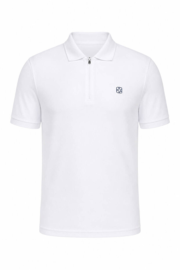 Printed White Men's T-Shirt with Zipper Collar 4069