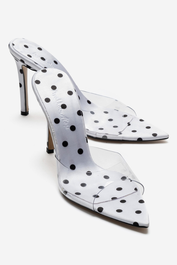 Women's White Polka Dot Detailed Pointed Toe Thin Heeled Transparent Strap Slippers Sona