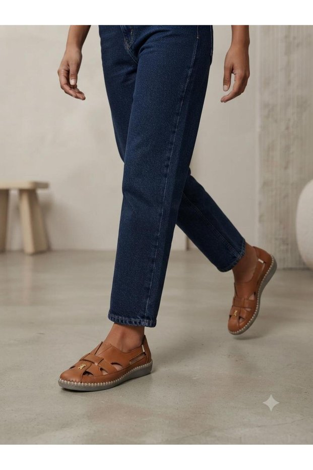 Tan Leather Caged Women's Casual Shoes