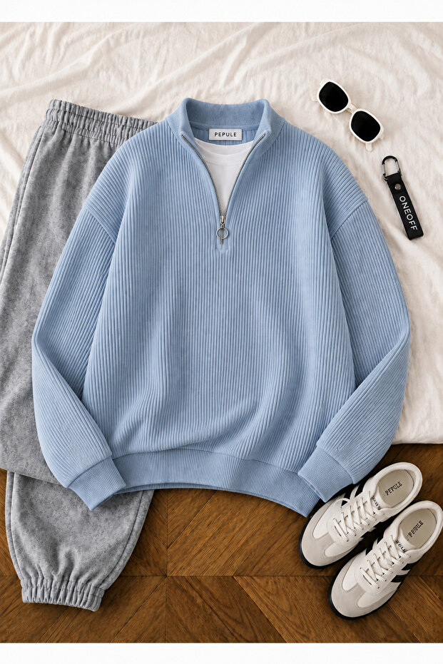 Men's Thessaloniki Knitted Half-Zip Knitwear Sweater High Collar Winter Thick Textured Modern Fit Premium Bebe