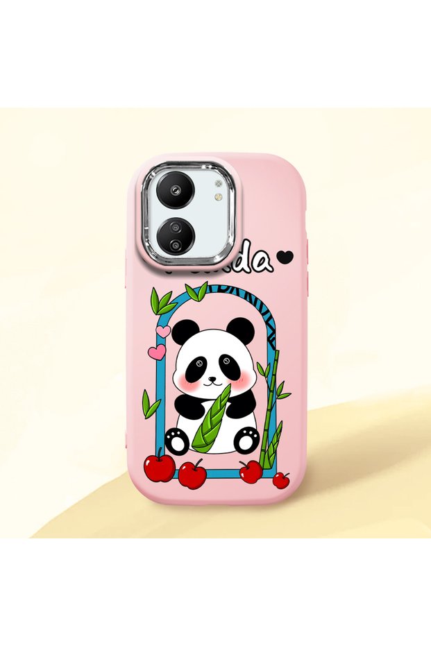 Redmi 13C Compatible Case with Camera Protector Pink Silicone Couple Phone Case with Panda Pattern