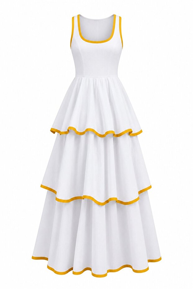 White and Yellow Layered Dress - 1070