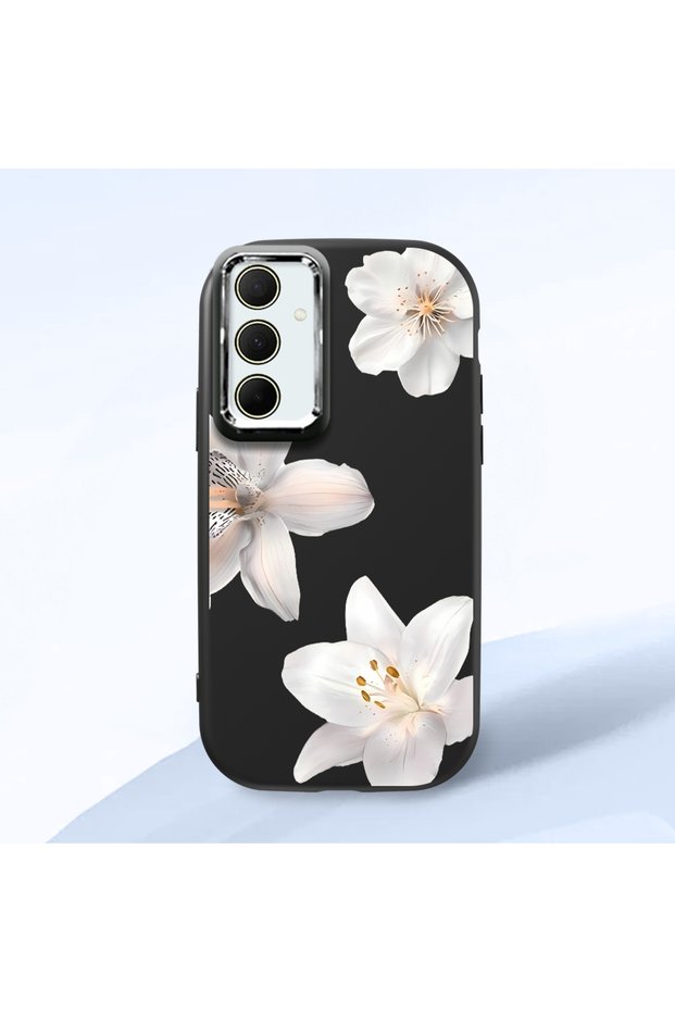 Samsung Galaxy A35 Compatible Case Camera Protective Black Silicone Couple Phone Case with Floral Pattern