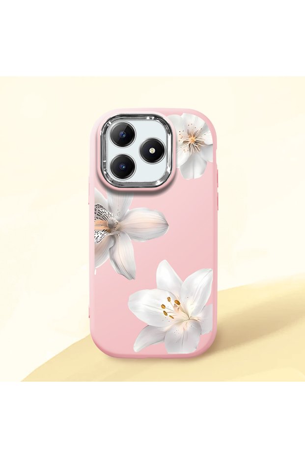Realme Note 60 Compatible Case Camera Protector Pink Silicone Couple Phone Case with Floral Pattern