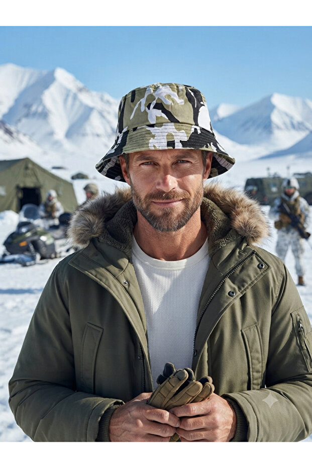 Snow Camouflage Pattern Foldable and Easy to Carry Sunscreen Summer Bucket (Bucket-Fisherman-Safari) Casual Hat