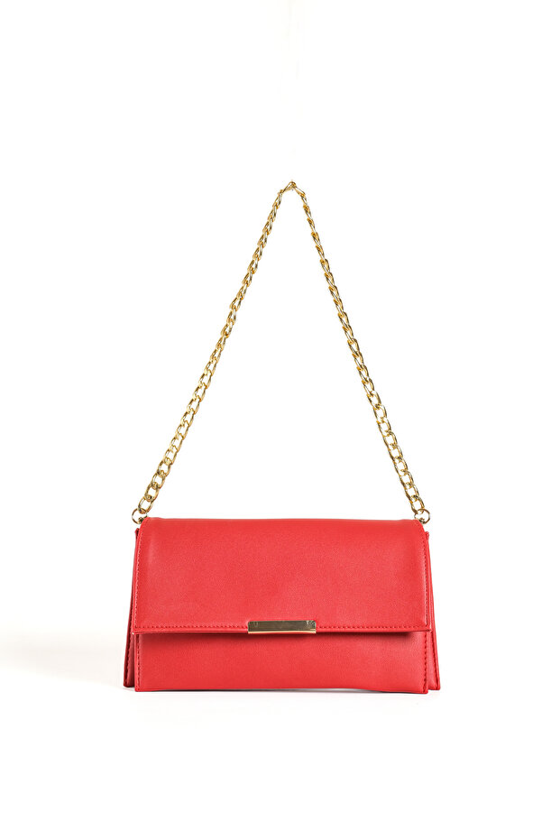 Women's Red Chain Strap Shoulder Bag and Wrist Strap Portfolio Handbag Clutch