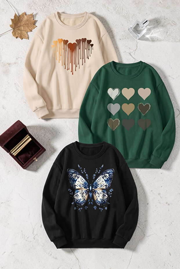 Unisex Mixed Printed Crew Neck Sweatshirt Set – Pack of 3