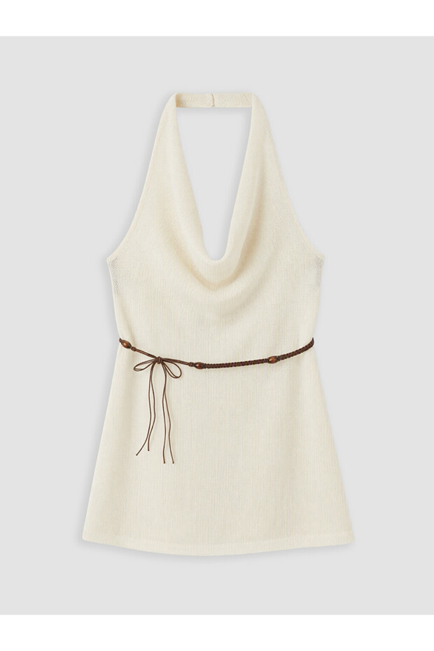 Beige Halter Neck Belted Blouse