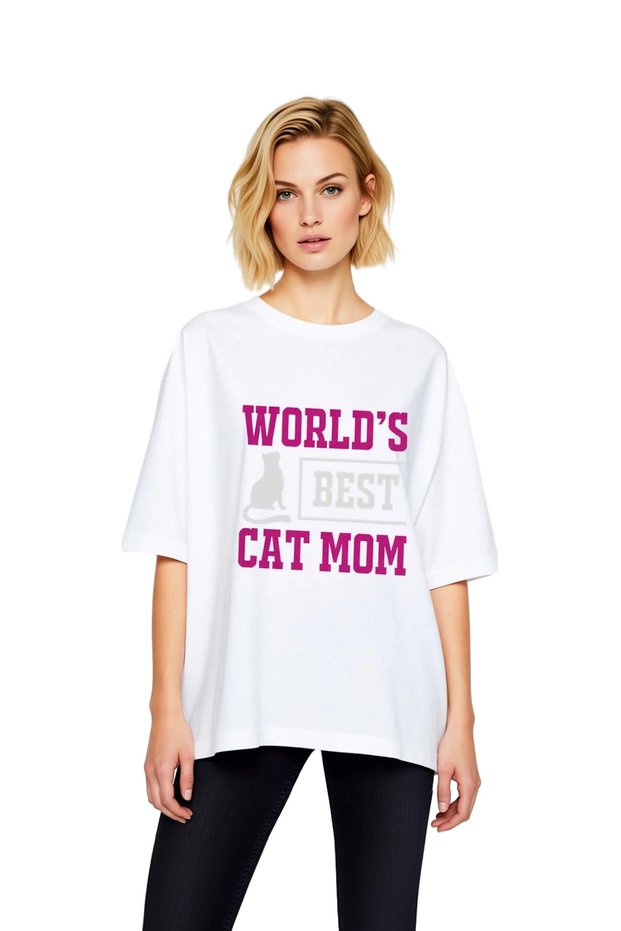 Women's Oversize Cat Mom Printed T-Shirt Relaxed Fit Digital Print Comfortable Casual Wear Modern