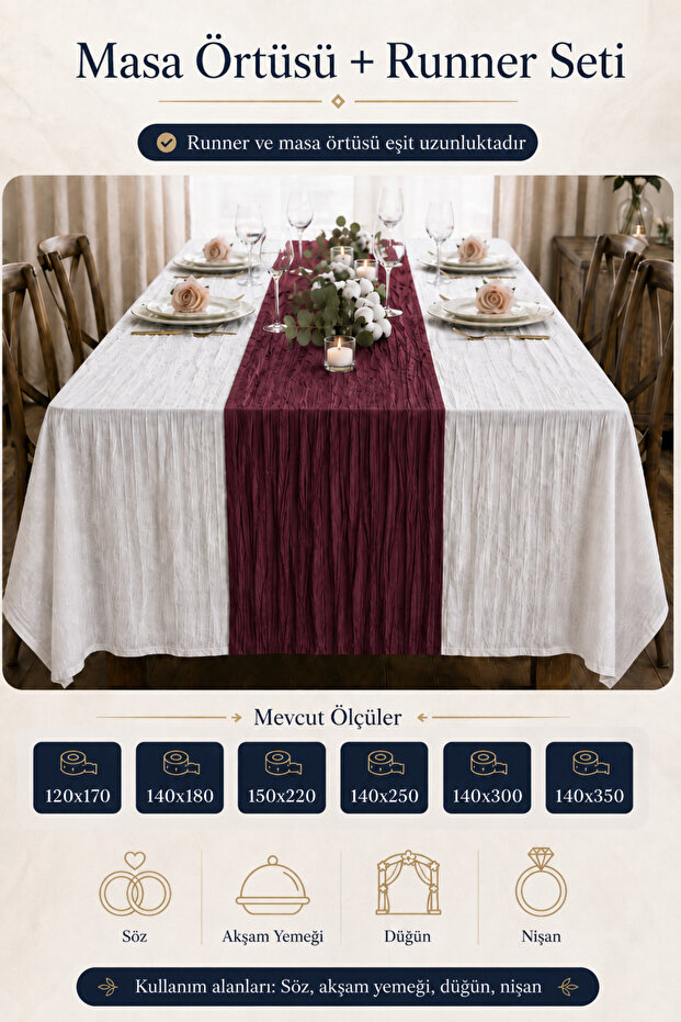 Bohemian Crinkled Look Tablecloth and Runner Set of 2 – with Different Options, for Dinners, Promises, and Special Occasions