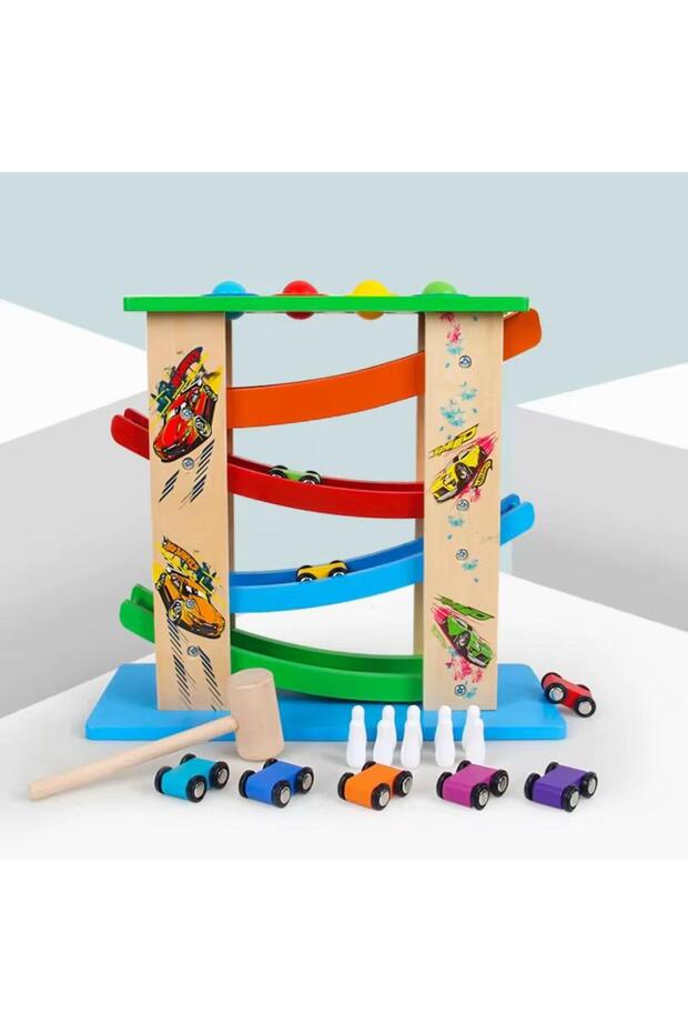Wooden Racing Car Ramp Toy - 4-Level Car Ramp Racer with 6 Mini Cars & Hammer Peg Game - Montessori Educational Toy for Toddlers 3+