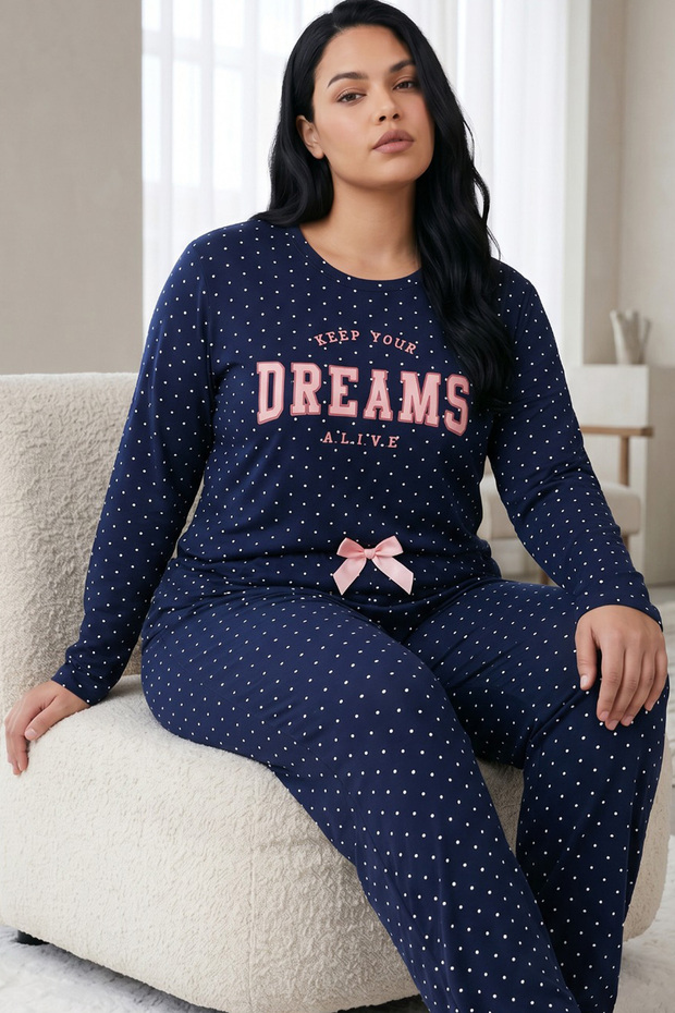 Navy Blue Patterned Cotton Lycra Large Size Oversized Knitted Pajama Set26240888