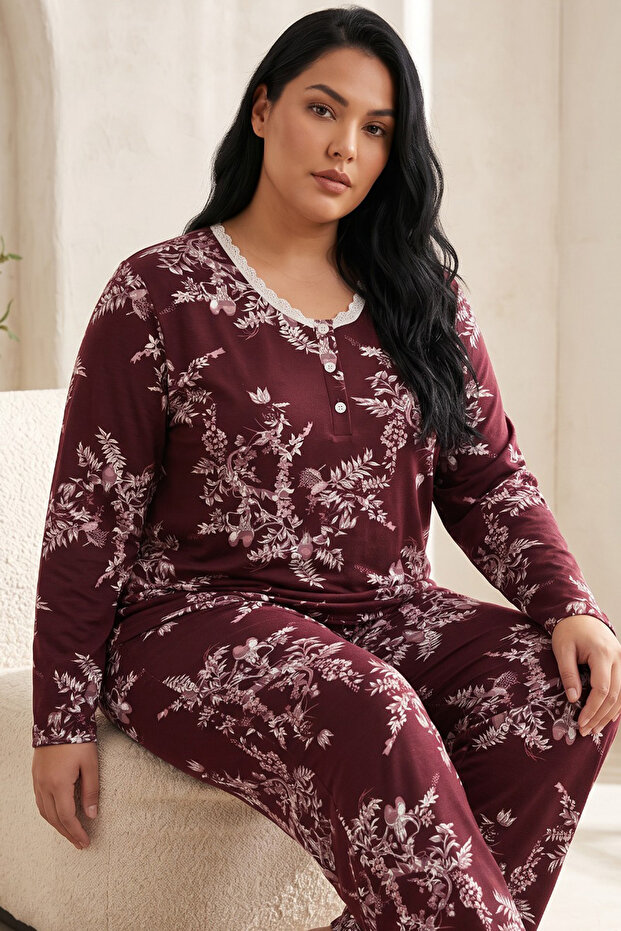 Burgundy Patterned Buttoned Cotton Lycra Large Size Oversized Knitted Pajama Set26240955