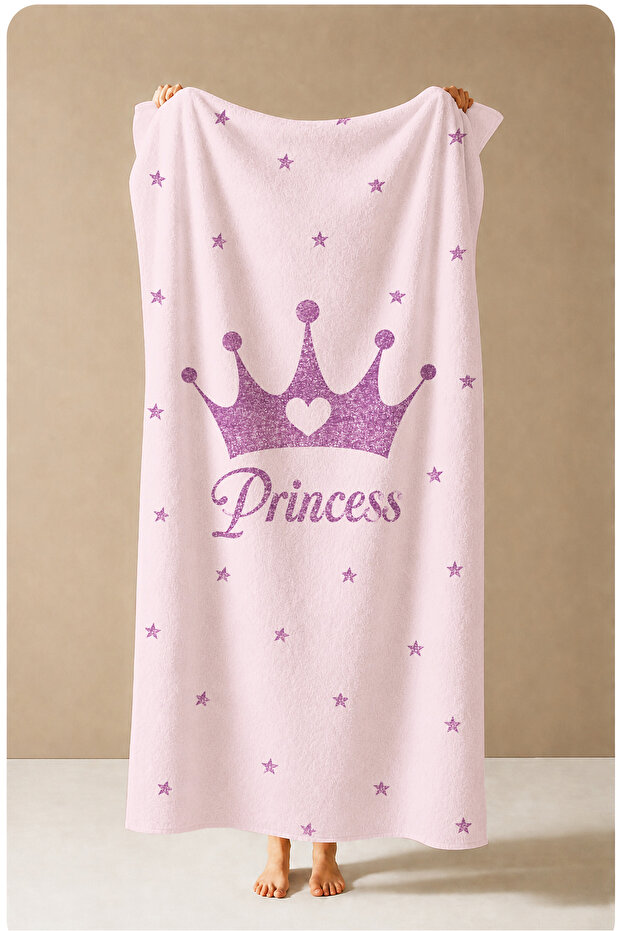 Princess Written Black Crowned Pink Star Patterned 70X150 Beach Towel - Cotton Bath Towel