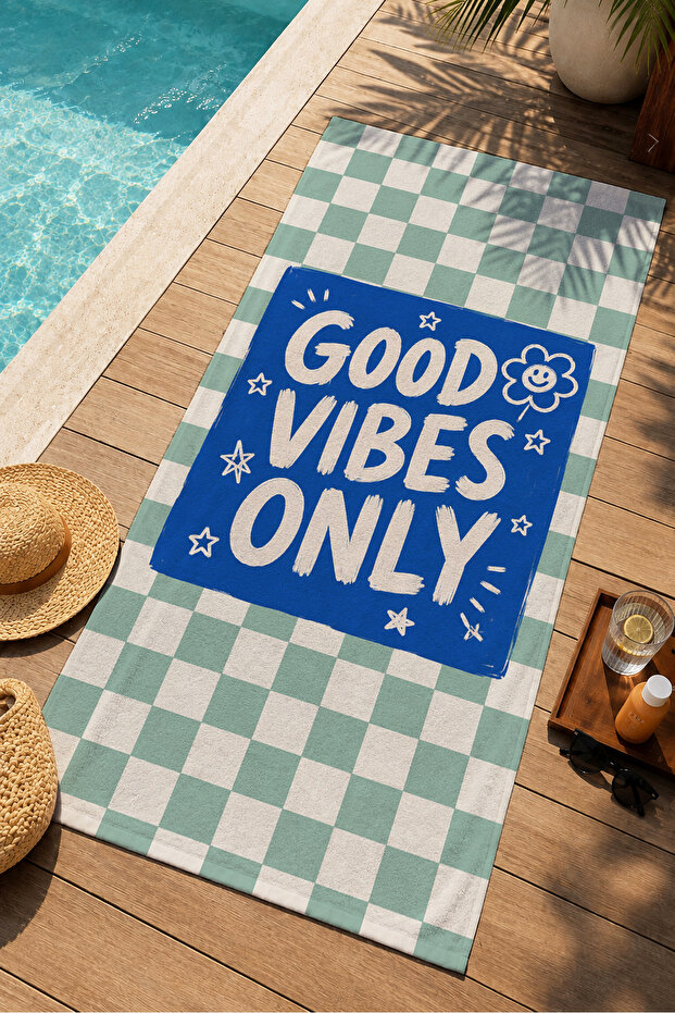 Retro Good Vibes Only Mint Plaid Patterned 70X150 Beach Towel - Digital Printed Fade-Resistant Bath Towel