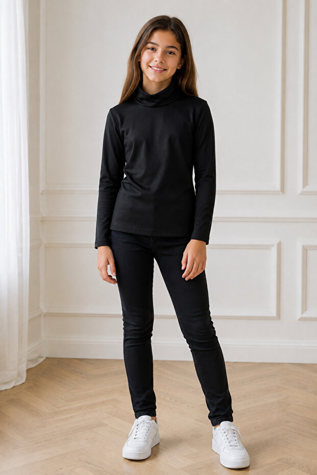 Children's Black Turtleneck Long Sleeve Bodysuit 100% Polyamide 8-12 Years Old I Suitable for Daily and School Use