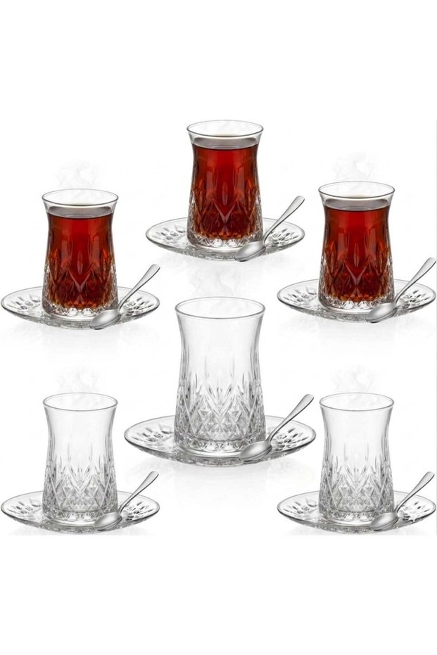 DubaiCrystal 18 pieces Turkish Tea Glasses and Saucers with spoons, Tea Cup & Saucer Set of Turkish Tea Cup Set, 6 Cups,6 Plates & 6 spoons Perfect for Tea Party, Gifts, Weddings, Aniversary (Royalti