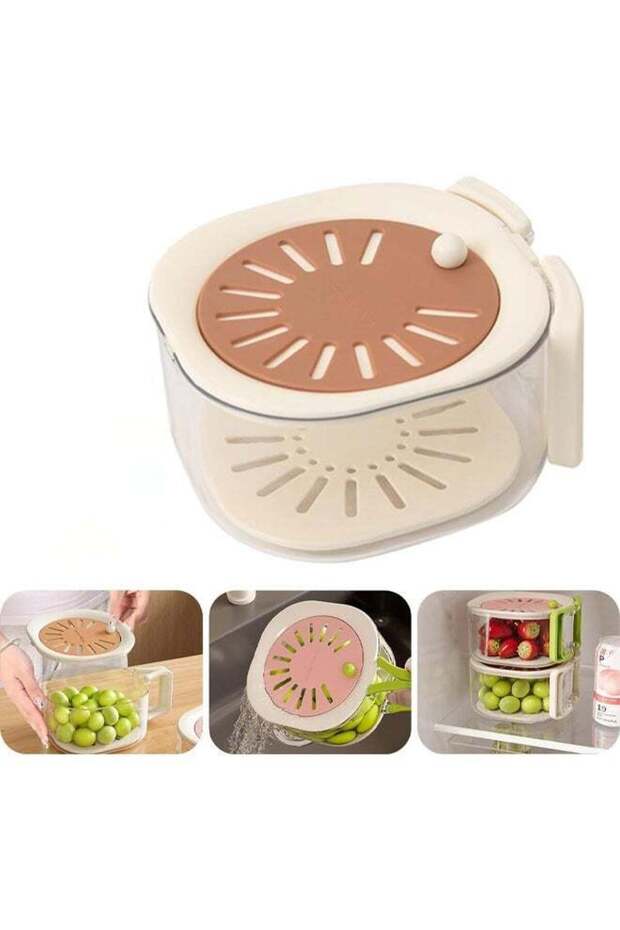 Sieves,2-in-1 Fruit Draining Basket Container with Lid,Folding Handle,for Washing Vegetables,Brown