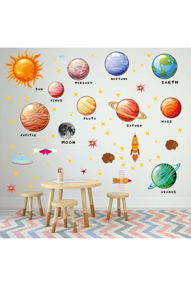 4Pcs Universe Cartoon Wall Stickers, Rocket Cosmonaut Space Planet Wall Decals Decor Home,