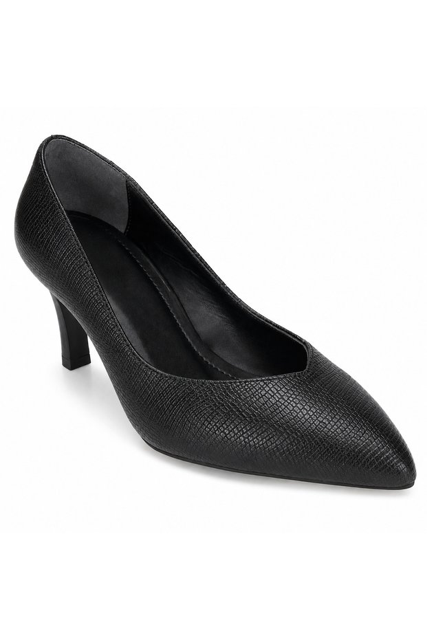 Women's Black Stiletto Heeled Shoes – Pointed Toe Textured Stylish Classic Shoes