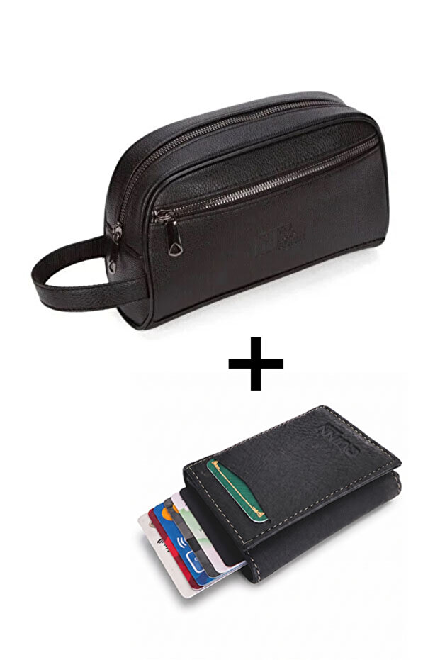 Black Vegan Leather Portfolio Handbag and Automatic Mechanism Card Holder Wallet Set