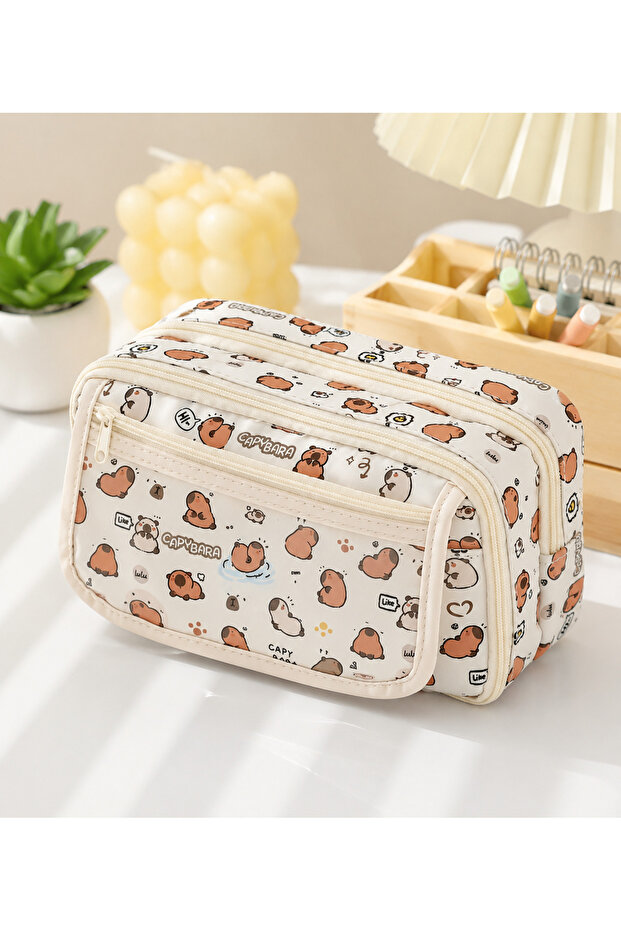 Cute Capybara Patterned Large Capacity Multi-Compartment Pen Holder Capibala Pencil Case